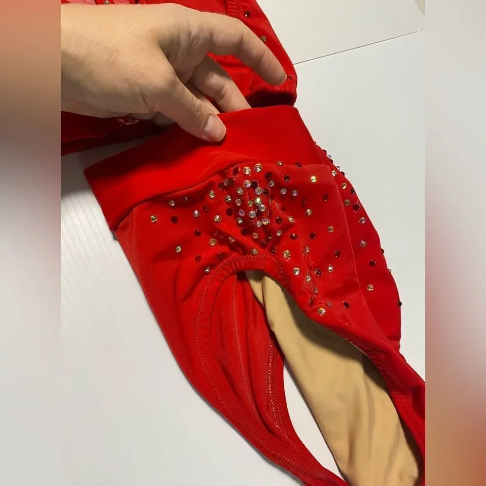Custom dance solo costume red 2 piece rhinestoned illusion bling XSA adult